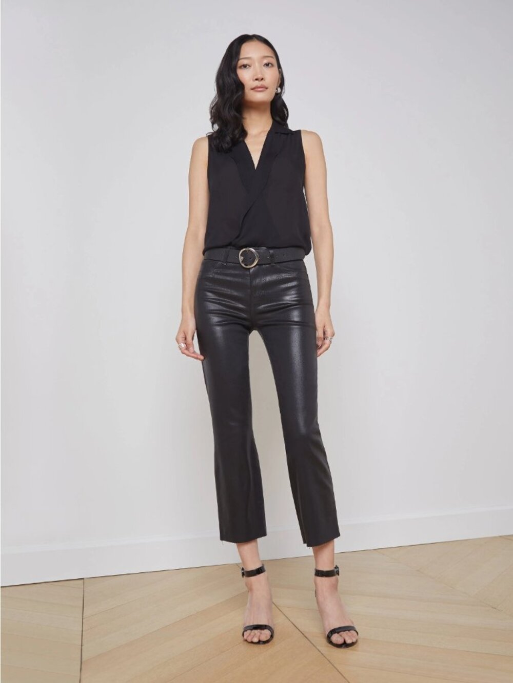 L'agence Kendra High Rise Cropped Flare Pant Noir Coated Cotton Faux Leather 29